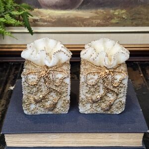 ​VINTAGE Pair Decorative White & Gold Glitter Pillar Candles | Drawstring Pouch